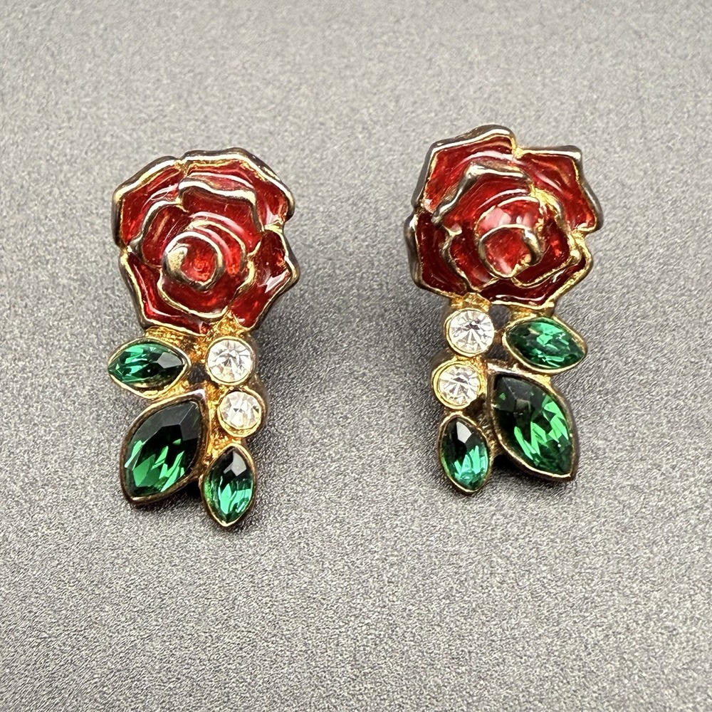Vintage Red Enamel Rose & Crystal Rhinestone Pierced Earrings Gold Tone Flowers